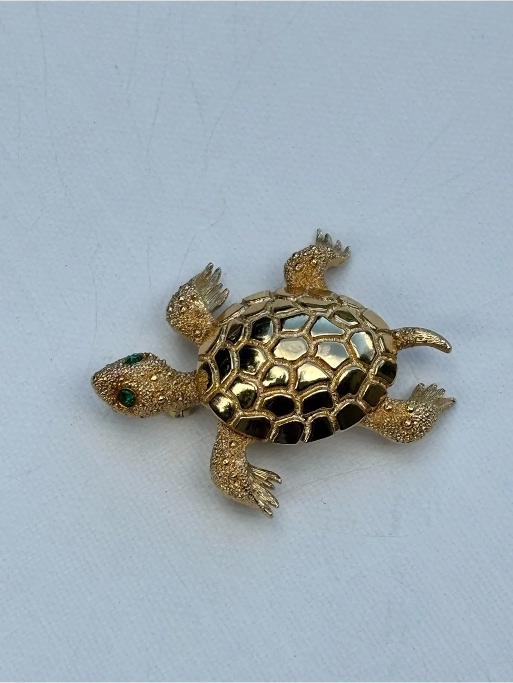 Monet Gold Turtle Brooch with Green Stone Eyes